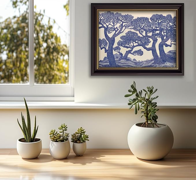 Vintage Gold Framed Wall Art Oak Tree Forest Painting Canvas Prints Blue - Image 8