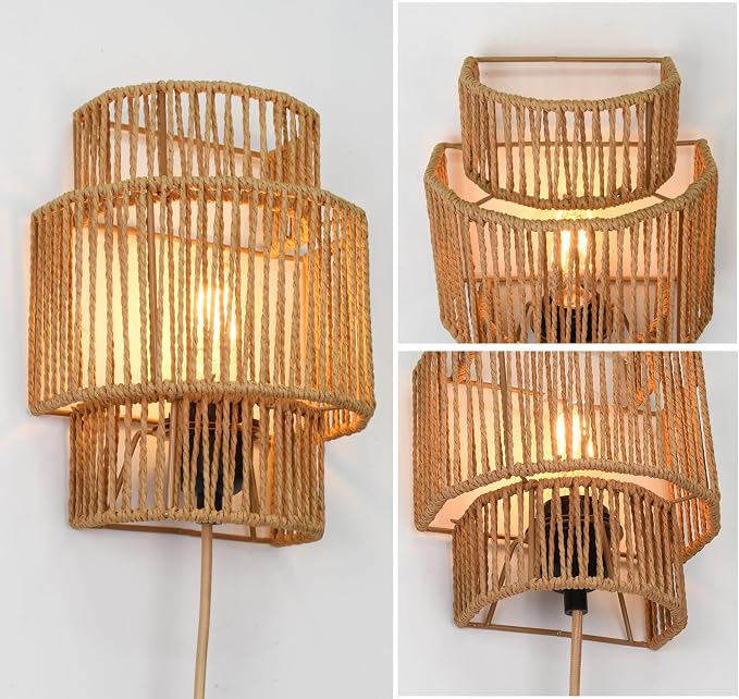 Plug-in Wall Sconces Set of 2, Handwoven Bohemian Wall Decor - Image 3