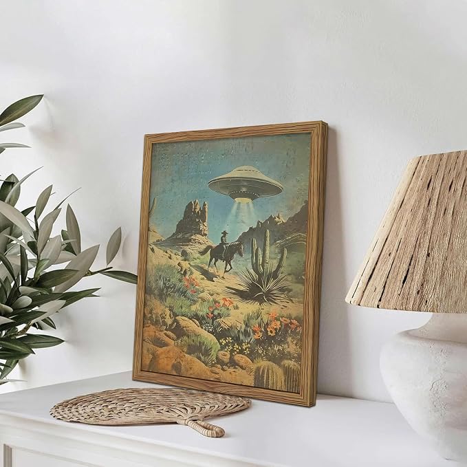 Framed Vintage Intergalactic Western Canvas Wall Art, Alien UFO Abducting Cowboy - Image 2