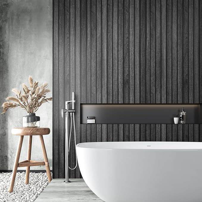 VEELIKE Charcoal Black Wood Slat Peel and Stick Wallpaper 24''x118'' Modern - Image 5