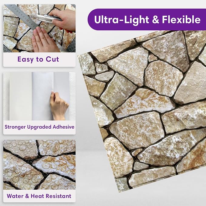 3D Peel and Stick Faux Stone Wall Panels 11.8" x 11.8" 10-Pack, Stone-Look Wall - Image 5