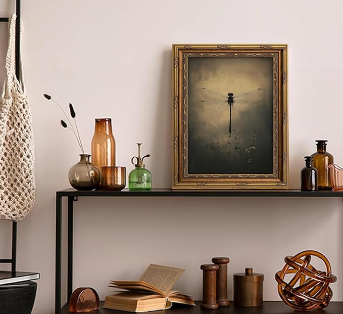 Vintage Gold Framed Wall Art Retro Dark Dragonfly Painting Canvas Prints Gothic - Image 8