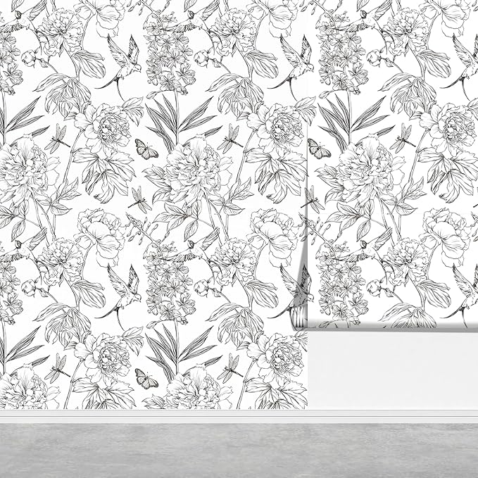 Jiffdiff White and Black Wallpaper Peel and Stick Sketched Peony Floral by wallpaper