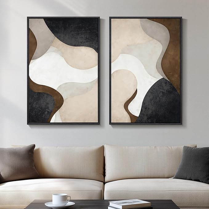 Framed Neutral Abstract Minimalist Wall Art Set of 2, Modern Canvas Prints by Cuspin