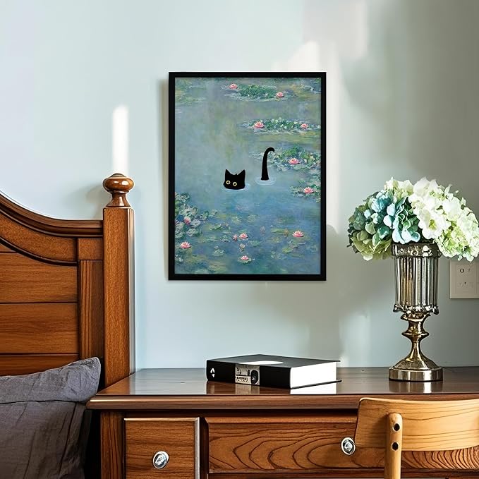 Fantasy Artists Monet Water Lilies Cat Wall Art, Framed Vintage Canvas Art Wall - Image 5