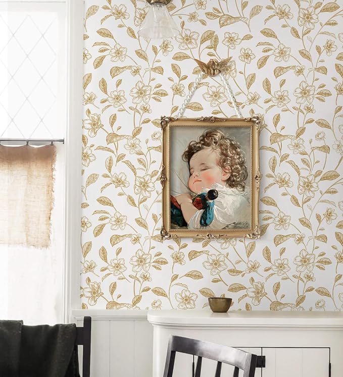 Heroad Floral Wallpaper Peel and Stick White and Gold Contact Paper Boho Peel - Image 6