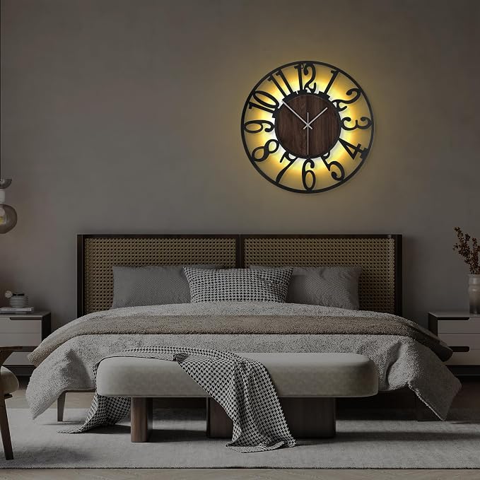 LEIKE Large Wall Clock 24'' Lighted Rustic Wood Clock - Image 6
