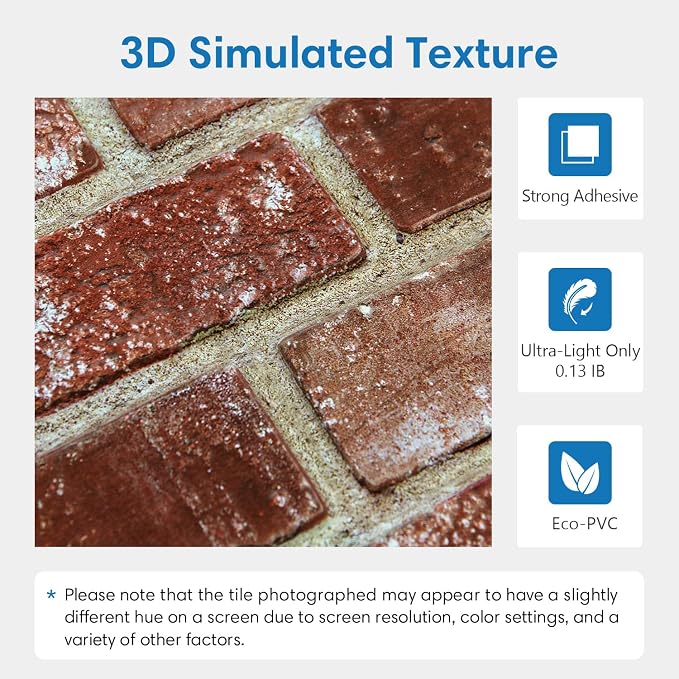 COMSTICKC 3D Red Brick Wall Panels Peel and Stick Tiles, Small Size Thin PVC - Image 3