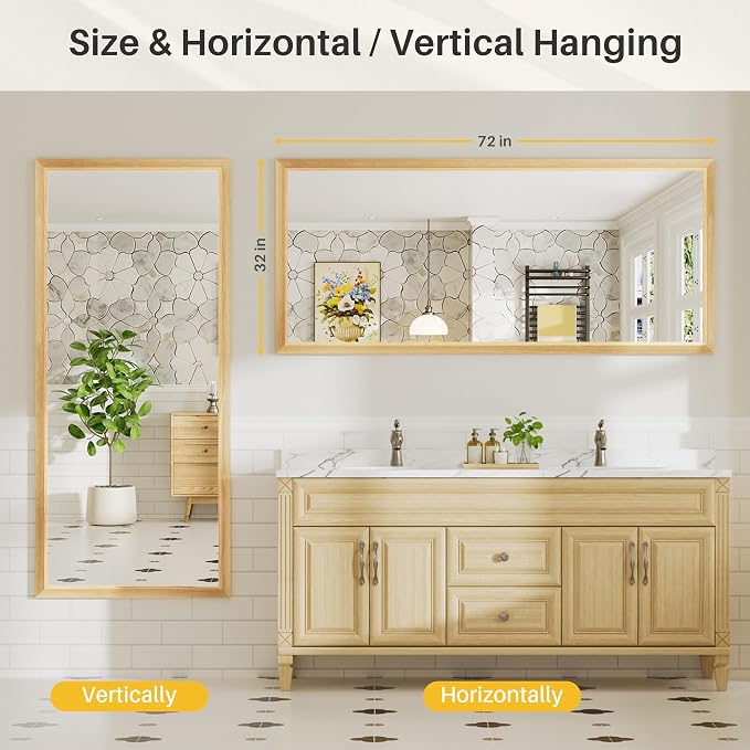 72x32 Inch Bathroom Mirror for Wall, Anti-Rust Oak Wood Grain Metal Framed - Image 7