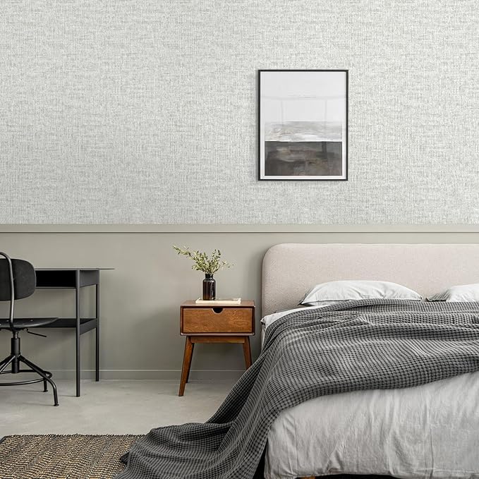 Grey Grasscloth Peel and Stick Wallpaper, Vintage Textured Contact Paper 15.75" - Image 2