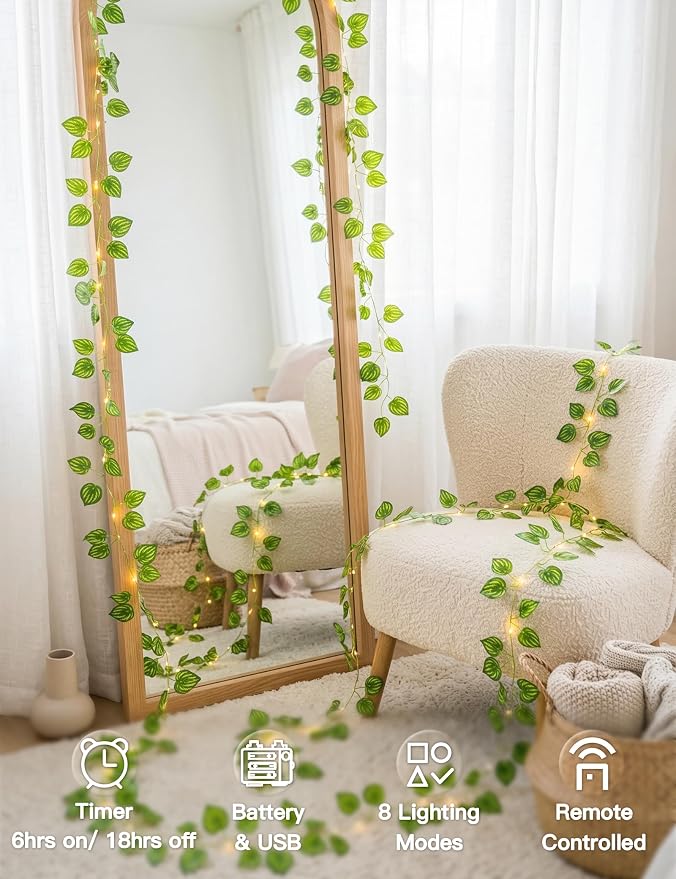 suddus Vines with Fairy Lights Battery & USB Powered Operated, 33ft 100 LED - Image 2