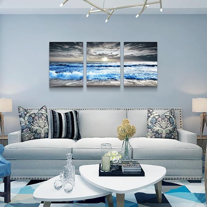 MHARTK66 3 Panel Blue Beach Canvas Wall Art - Image 6