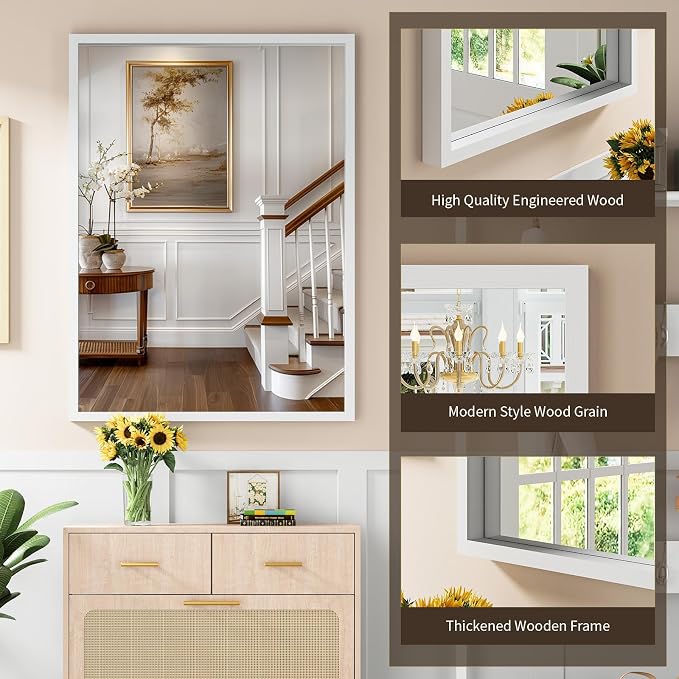 Syndra White Wood Frame Bathroom Mirror, Waterproof Slim Deep Frame, - Image 3