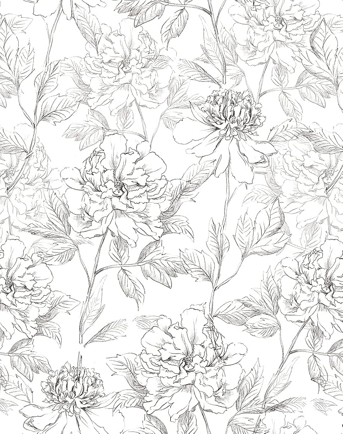 JiffDiff Black and White Floral Wallpaper Peonies Removable Peel and Stick by wallpaper