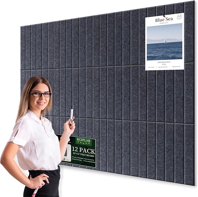 Large Cork Bulletin Board for Wall 48"x36", 12 Pack Felt Slat Wall Panel Tiles by Kciplab