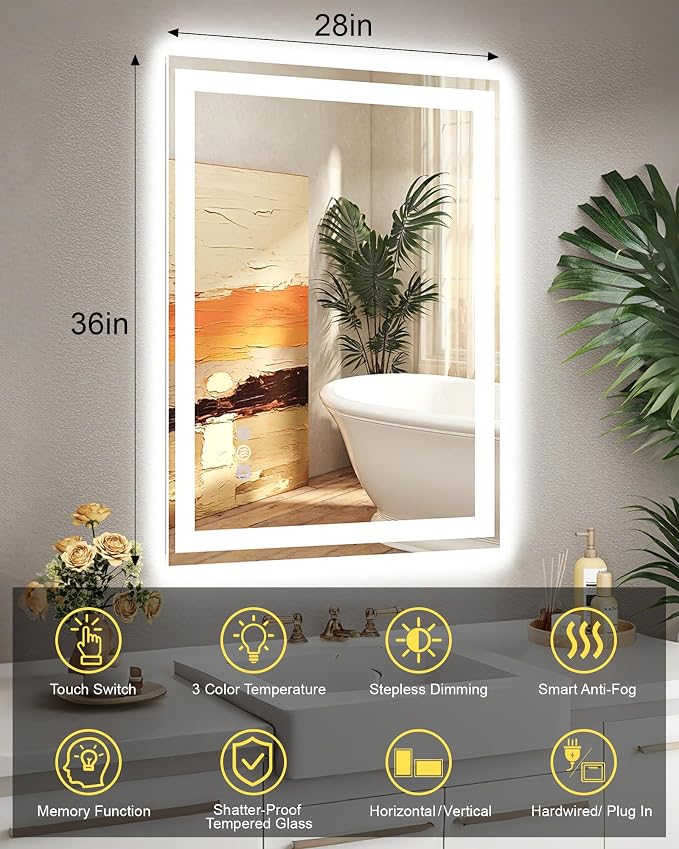 28x36 LED Bathroom Mirror with Lights, Super Bright Front & Backlit Vanity - Image 6