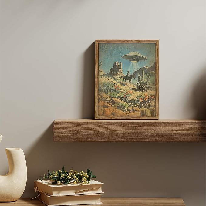 Framed Vintage Intergalactic Western Canvas Wall Art, Alien UFO Abducting Cowboy - Image 2