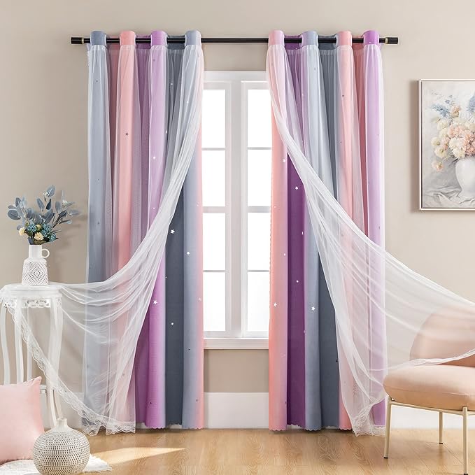 XiDi Curtains for Bedroom Decor, Rainbow GreyPinkPu-52-90 - Image 8