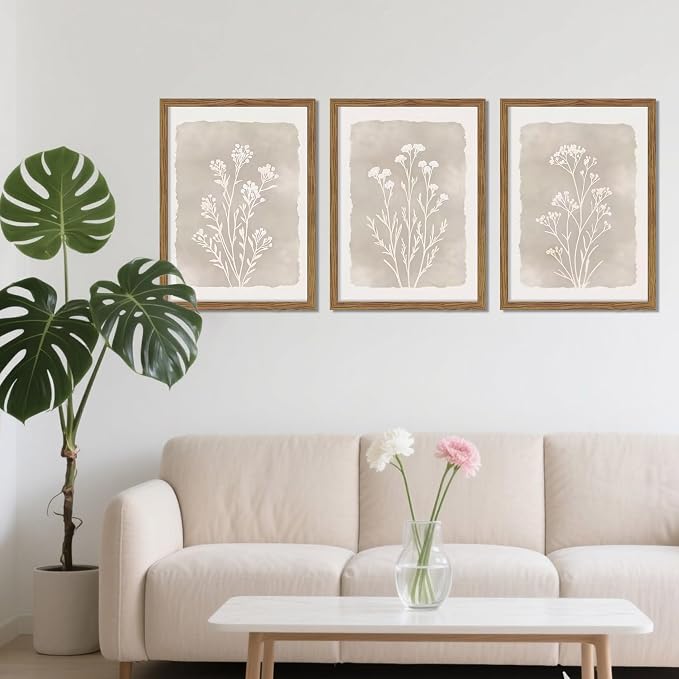 Framed Boho Botanical Flower Wall Art Set of 3, Vintage Minimalist Neutral - Image 6