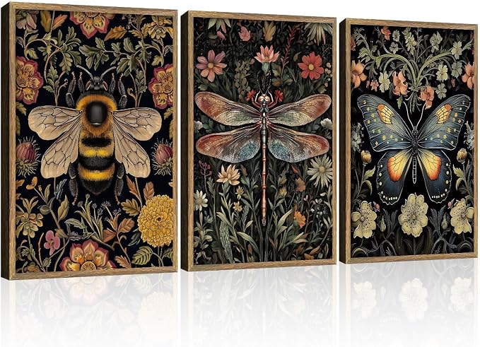 3 Pcs Framed Retro Insect Wall Art Decoration Paintings by NCYEL