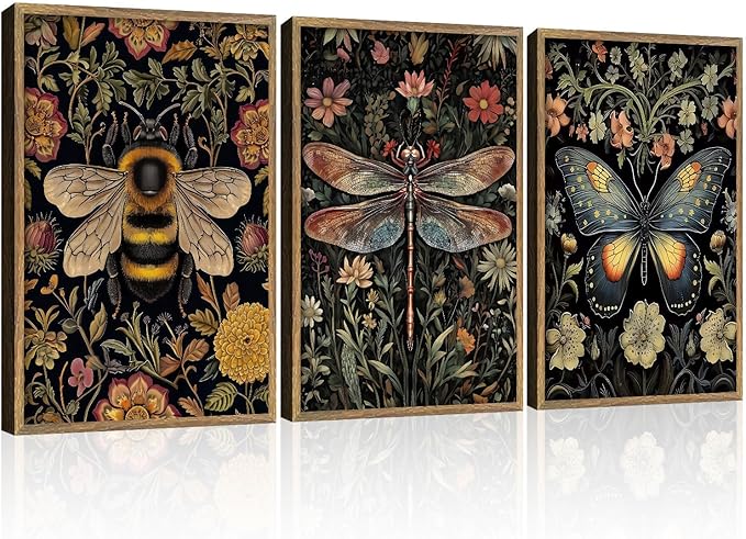 3 Pcs Framed Retro Insect Wall Art Decoration Paintings by NCYEL