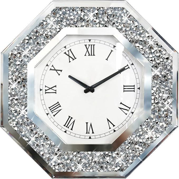 Wall Clock, Octagon Mirror Glass Clock, Cute Diamond 20-inch Non-Ticking Clock - Image 2