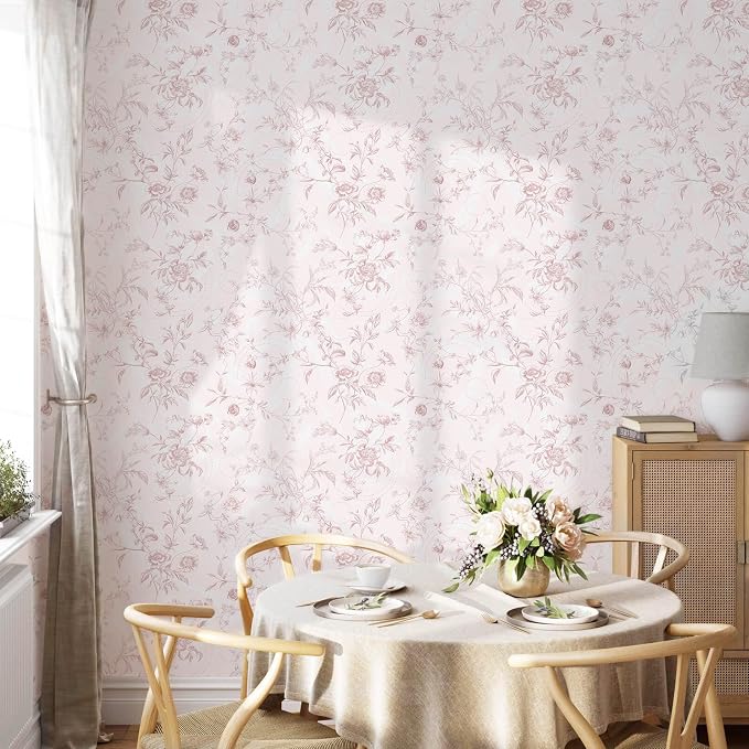 Ismoon Floral Wallpaper Peel and Stick Pink Stick on Wall Paper Vintage French - Image 3