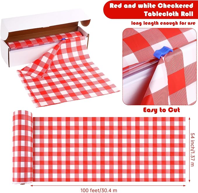 Kochorie 54 Inch x 100 Ft Red Checkered Plastic Table Cloth Roll Disposable - Image 2