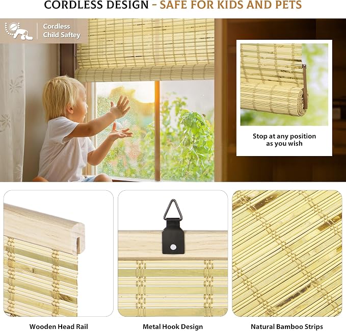 LazBlinds Cordless Bamboo Blinds, Roll Up Shades - Image 2