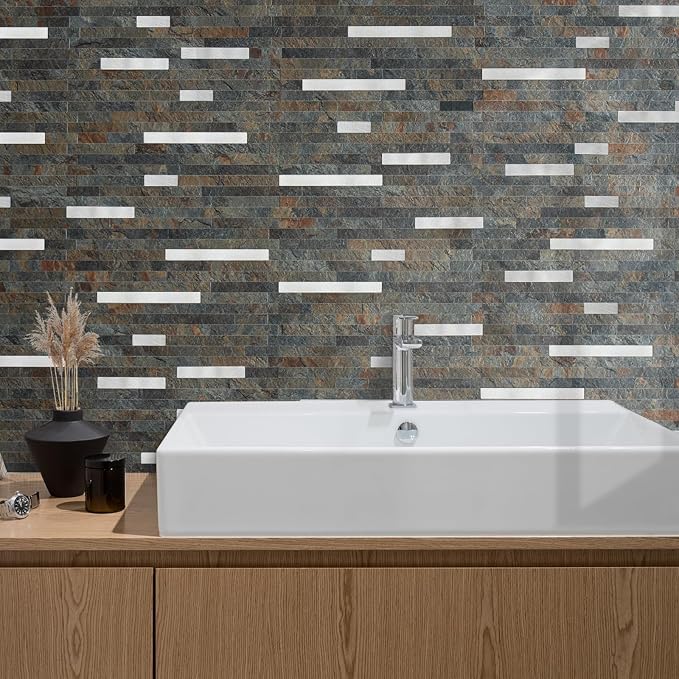 AULIGET 20 Sheets Rust Slate Peel and Stick Backsplash, PVC Mixed Metal Silver - Image 4