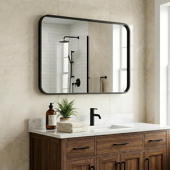 30x36 Inch Matte Black Bathroom Vanity Mirrors | Flush Mount Deep Set Metal - Image 8