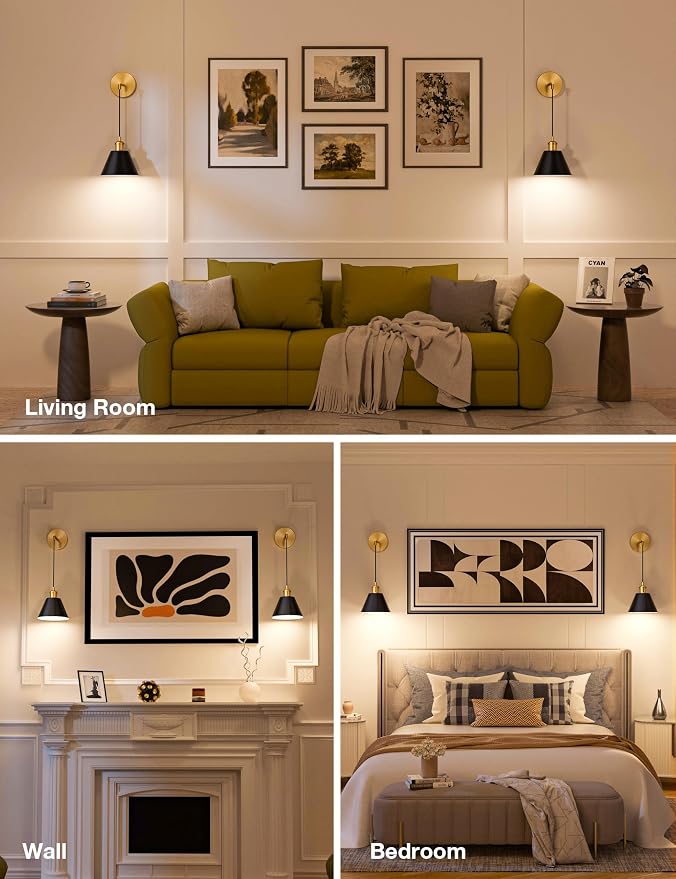 NIORSUN Gold & Black Battery Operated Wall Sconce Set of 2, 5200mAh Dimmable - Image 3