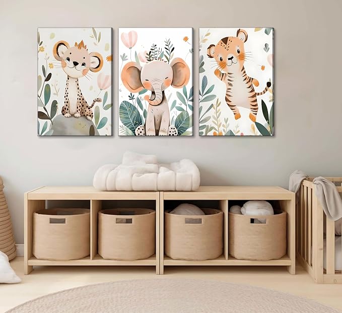 3 Pcs Safari Animals Nursery Canvas Wall Art Jungle Animals Cheetah Elephant - Image 2