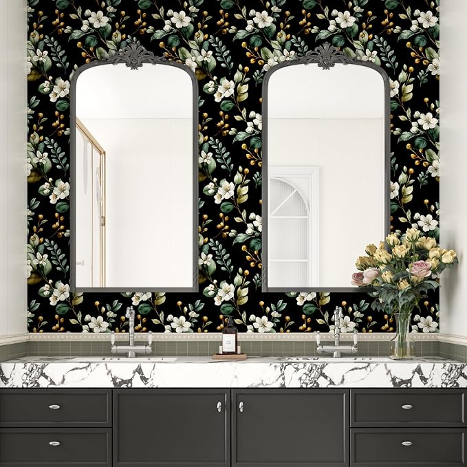 Black Floral Wallpaper Peel and Stick, Vintage Dark Green Leaves - Image 3