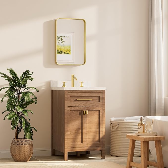 TETOTE 16 x 24 Inch Brushed Gold Frame Mirror, Brass Gold Bathroom Vanity Mirror - Image 2