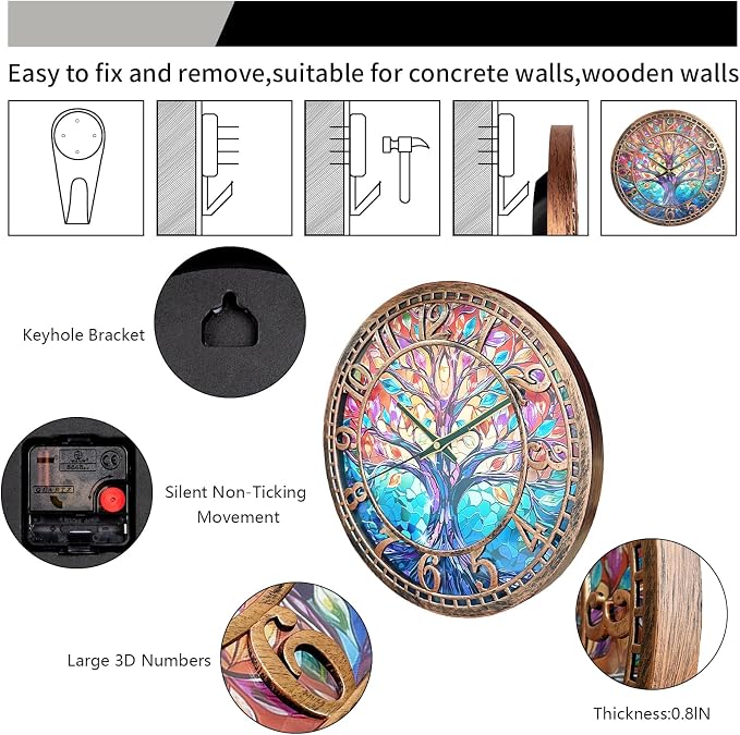WANGIRO Tree of Life Wall Clock 12inch Silent Movement Non-Ticking Clock - Image 4