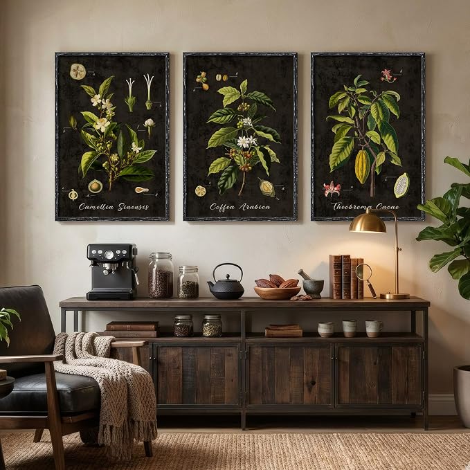 Large Vintage Framed Botanical Wall Art, 3 Piece Dark Green Plant Canvas Prints - Image 4