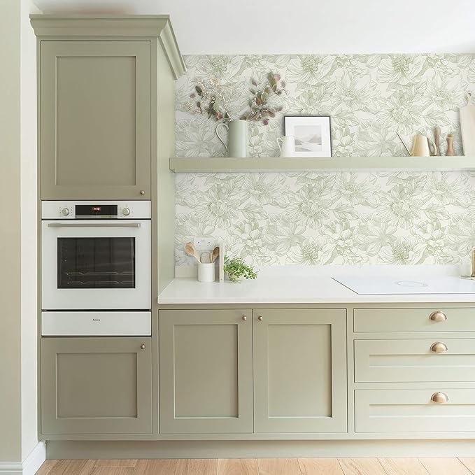 Ismoon Vintage Floral Wallpaper Peel and Stick Beige and Green Contact Paper - Image 7