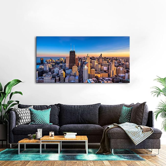 AIYISU Chicago Skyline Wall Art Chicago City Wall Decor Night Cityscape Canvas - Image 4