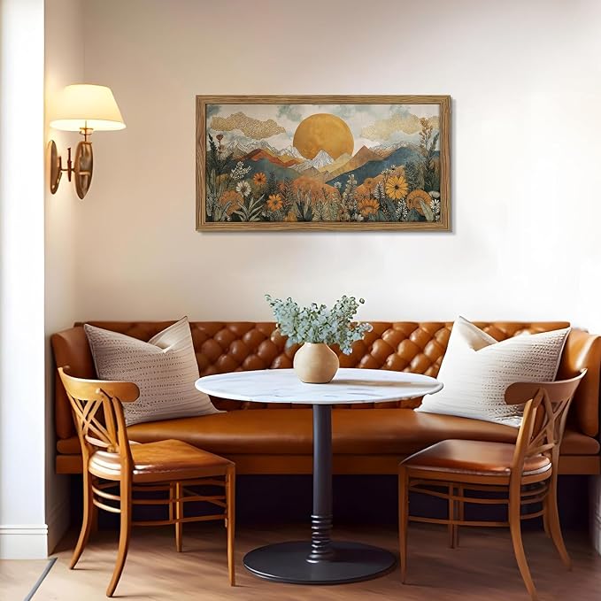 Framed Boho Landscape Large Wall Art, Abstract Sun Mountain Canvas Wall Decor - Image 8