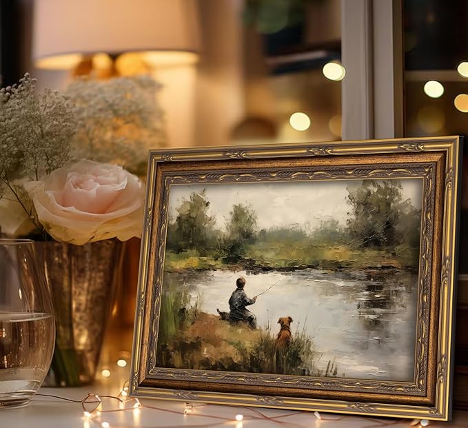 Vintage Gold Framed Wall Art Boy Fishing Country Oil Painting Canvas Prints - Image 6