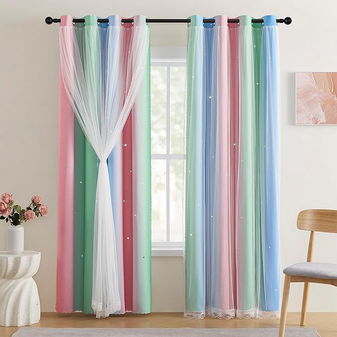 XiDi Pink & Rainbow Curtains for Kids & Girl Rooms by Addsomecolortolife