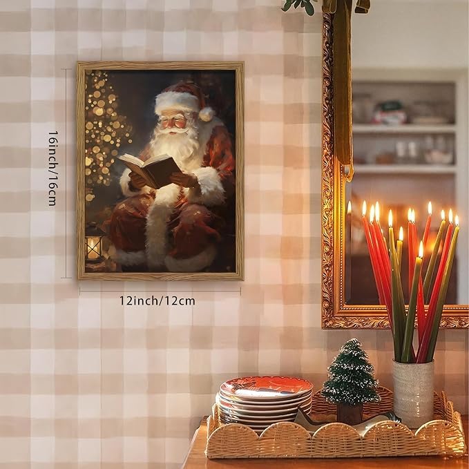 Framed Santa Christmas Wall Art, Vintage Santa Claus Reading Canvas Paintings - Image 3