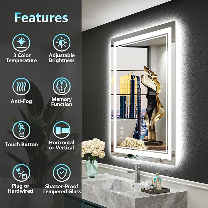 20x28 LED Bathroom Mirror with Lights, Backlit and Front Lit Anti-Fog Lighted - Image 2