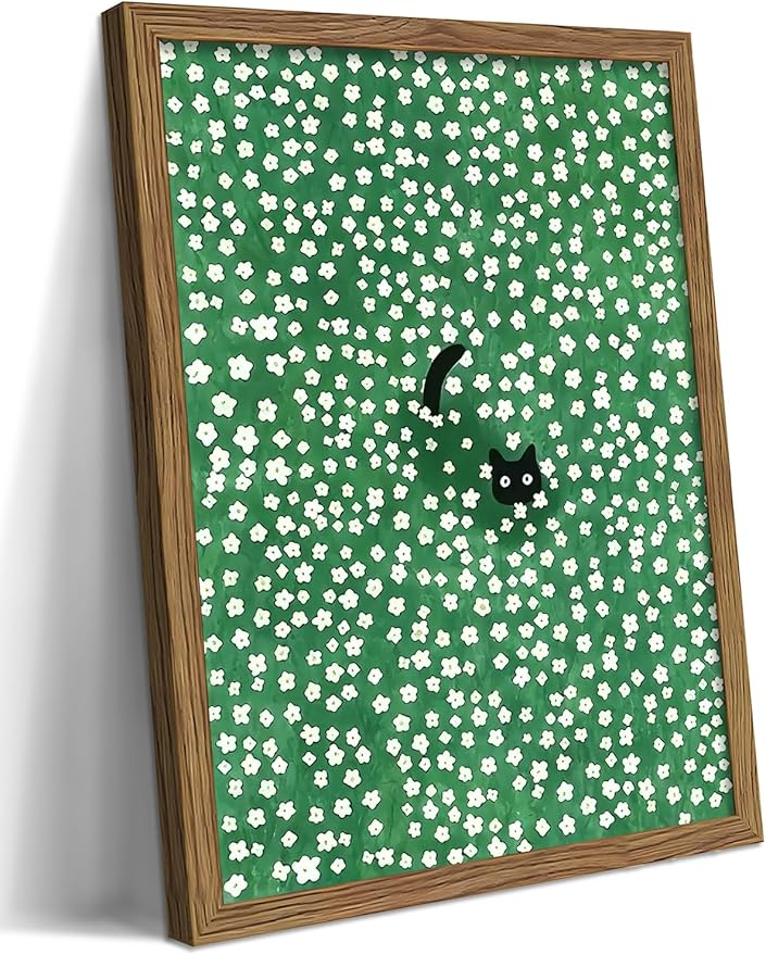 Framed Floral Black Cat Canvas Wall Art, Cute Black Cat in Daisy Field Painting by Unknown