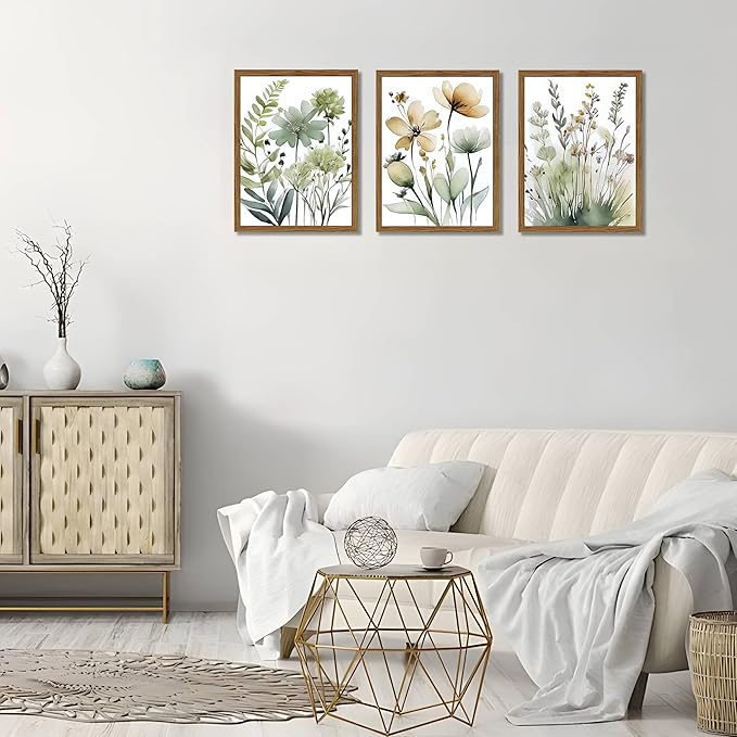 Wood Framed Sage Green Botanical Wall Art Set of 3, Boho Floral Canvas Wall - Image 5