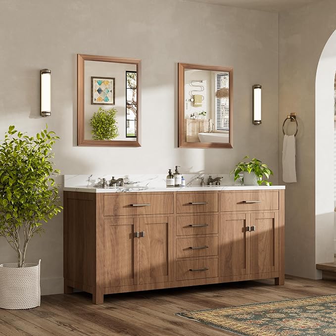 24x30 Inch Bathroom Mirror for Wall, Anti-Rust Walnut Wood Grain Metal Framed - Image 3