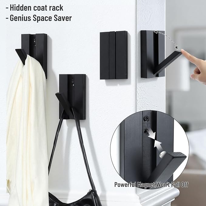 Folding Wall Hooks 4Pack: Black Modern Wooden Coat Hooks Mount - Image 3