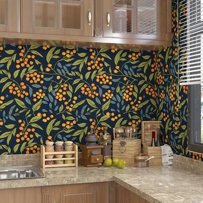 BOKEBEVE Blue Orange Green Wallpaper Peel and Stick Boho Leaves Floral Contact - Image 2