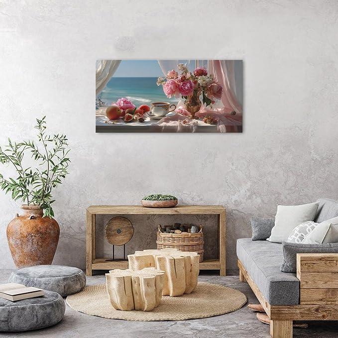 Vintage Pink Flower Wall Art Retro Flowers in Golden Vase Pictures Blue Ocean - Image 5